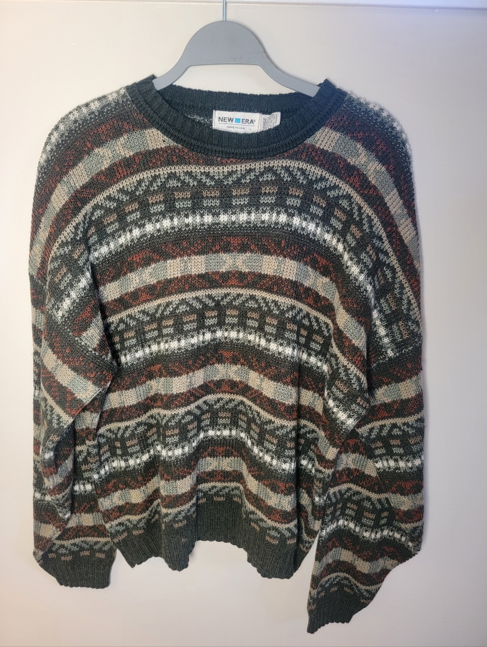 Cozy Knitted Grandpa Sweater - Large - Made In USA - Green, Red, Cream Color